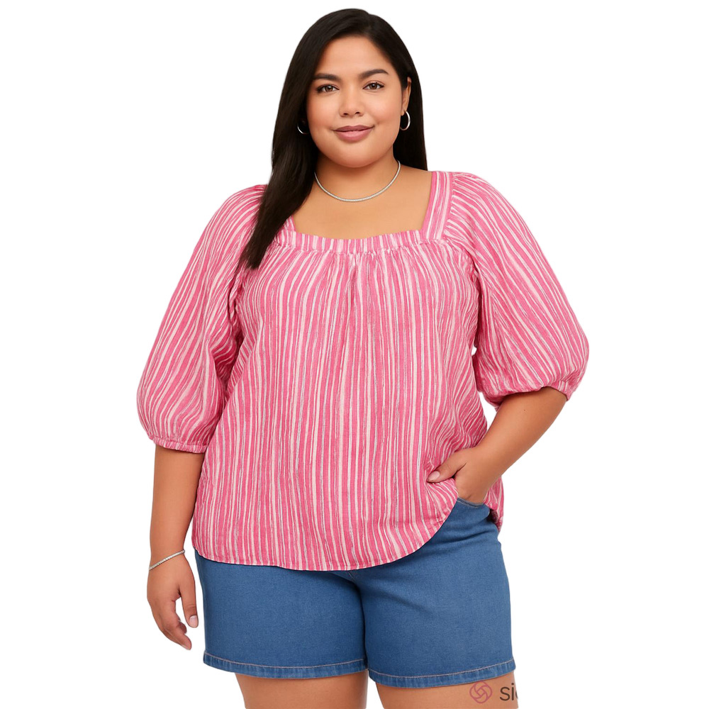CHAPS Size 2XL Pink White Striped COTTON Balloon Sleeve Blouse